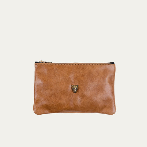 Pauly Pouch Organizer | Distressed Cognac Leather + Gold Hardwear + Gold Cheetah Medallion